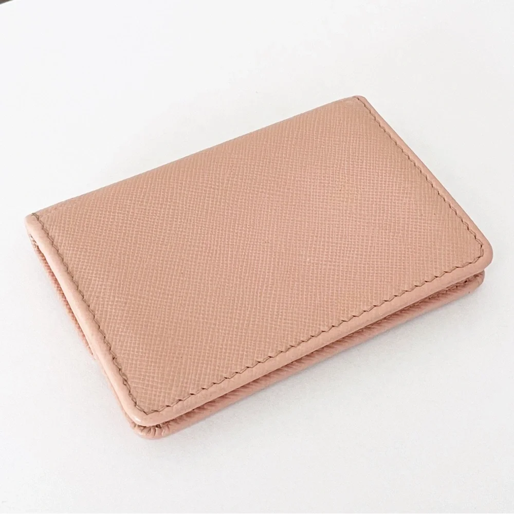 Prada pink saffiano leather gold logo card snap case wallet
